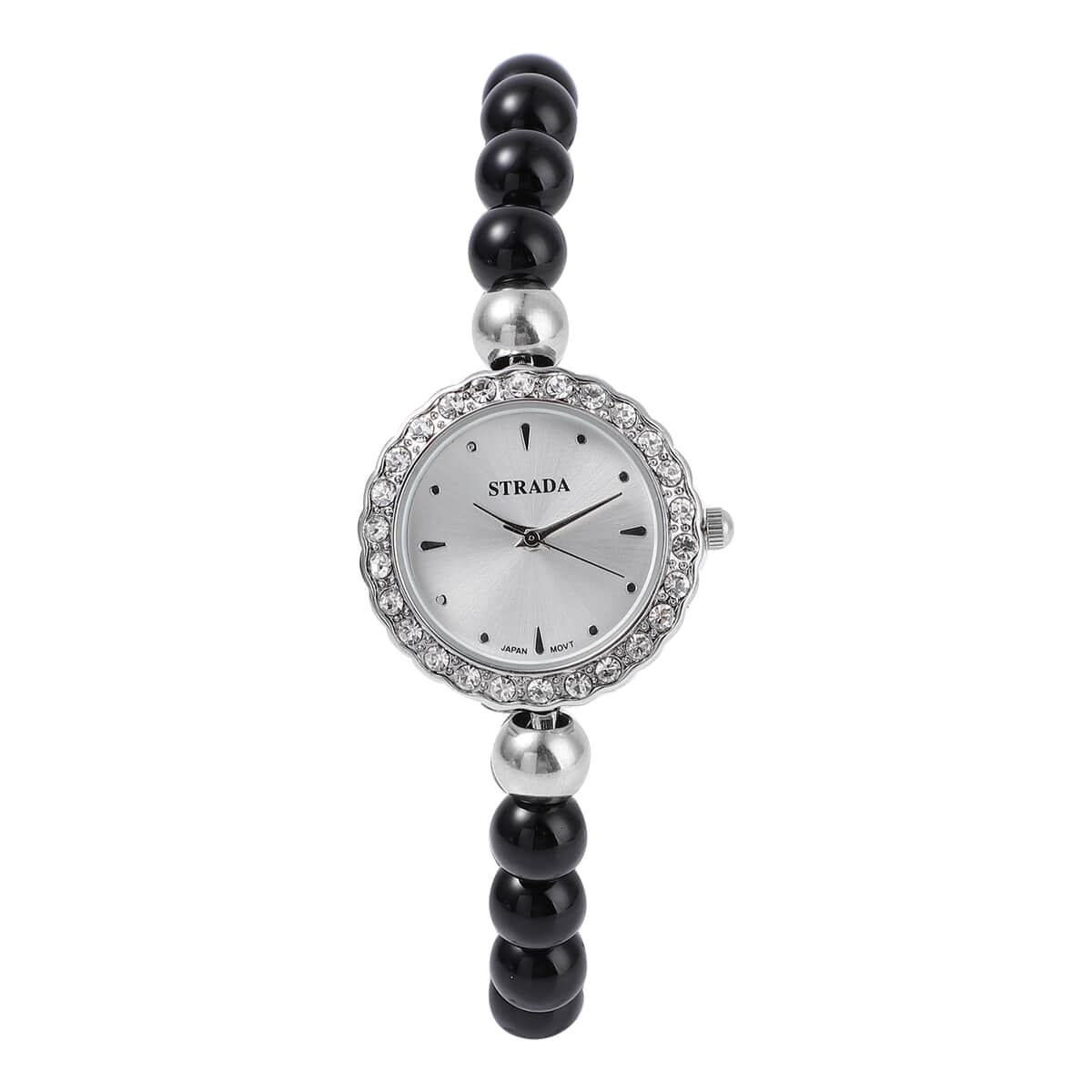 Set of 2 Strada Japanese Movement White Crystal, Black Agate Beaded Bracelet Watch with Matching Bracelet in Stainless Steel 154.00 ctw image number 2