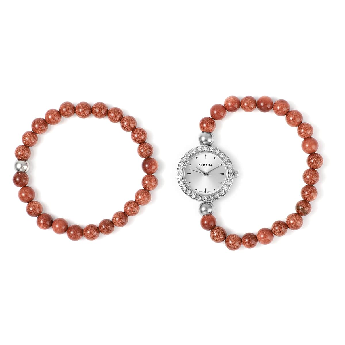 Set of 2 Strada Japanese Movement White Austrian Crystal, Gold Sandstone Beaded Bracelet Watch with Matching Bracelet in Stainless Steel 147.00 ctw image number 0