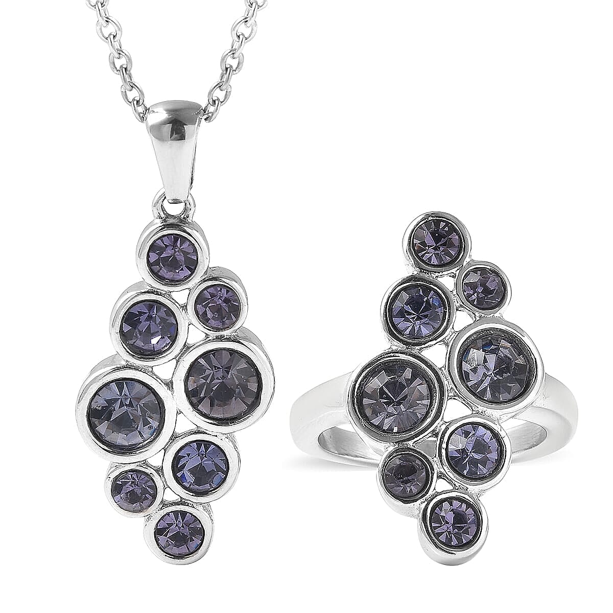 Purple Austrian Crystal Elongated Ring and Pendant Necklace 20 Inches in Stainless Steel (Size 6.0)