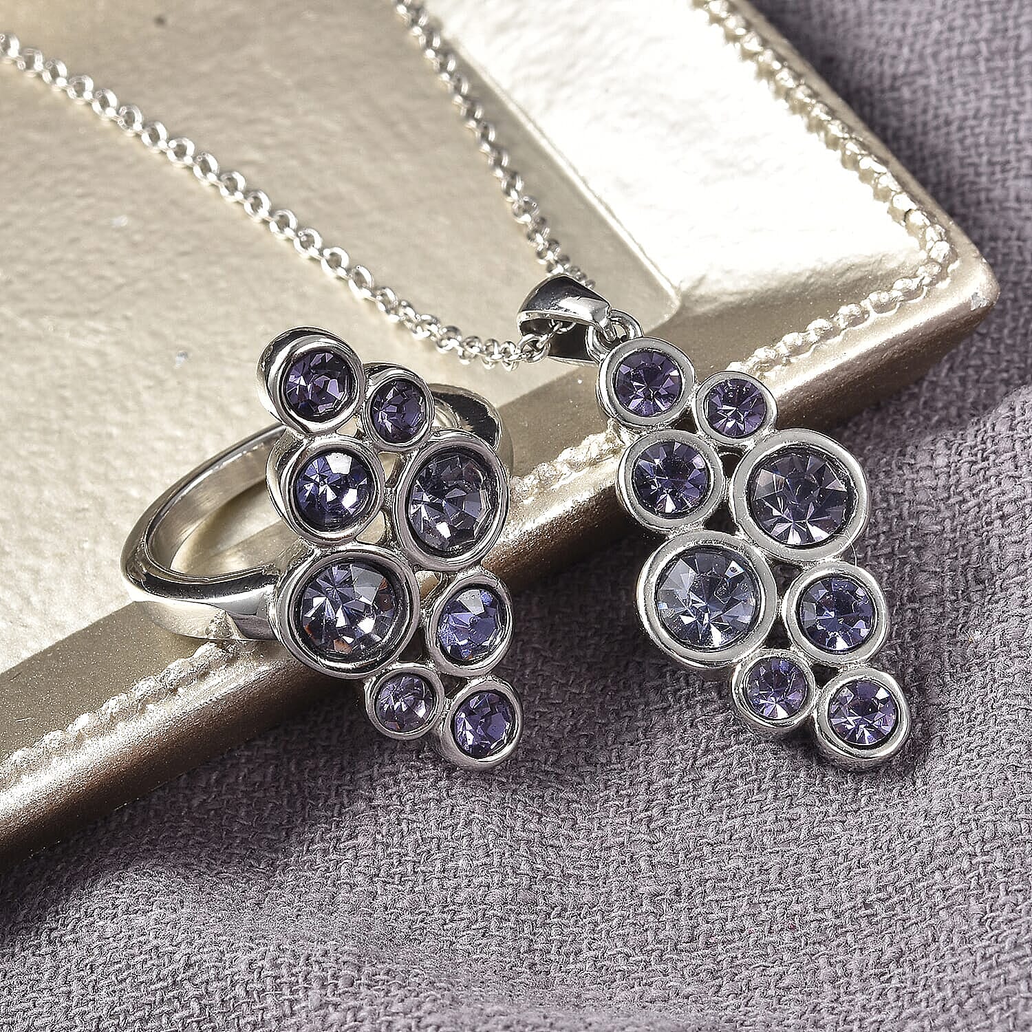 Purple Austrian Crystal Elongated Ring and Pendant Necklace 20 Inches in Stainless Steel (Size 6.0)