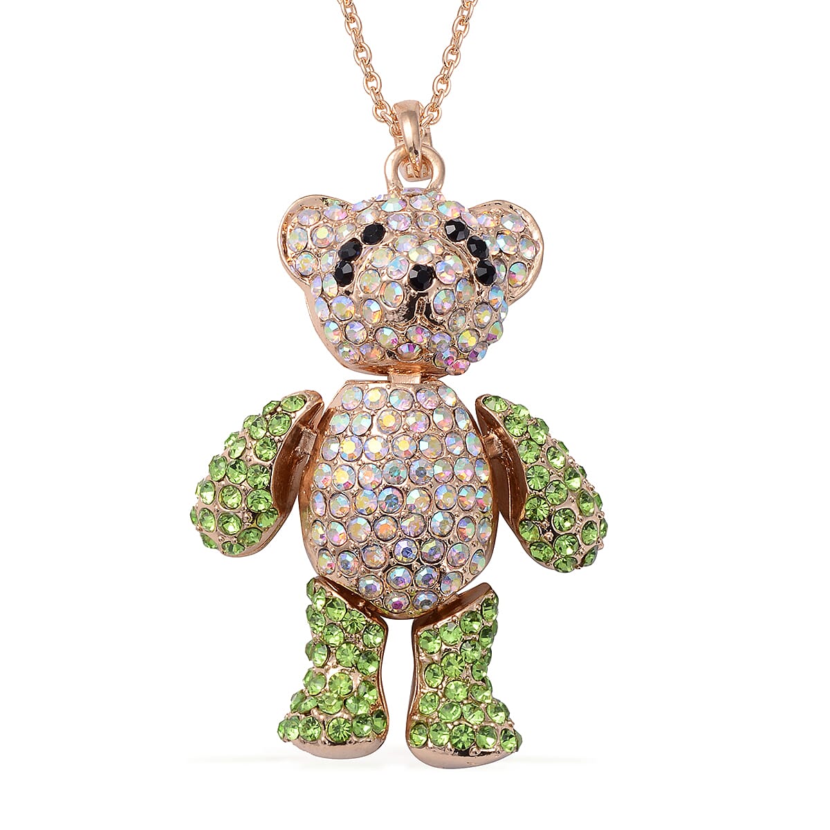 Green, Aurora Borealis and Black Austrian Crystal Teddy Bear Pendant Necklace 24 Inches in Goldtone and ION Plated Yellow Gold Stainless Steel