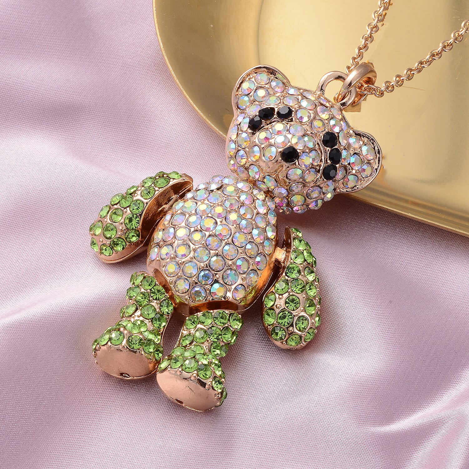 Green, Aurora Borealis and Black Austrian Crystal Teddy Bear Pendant Necklace 24 Inches in Goldtone and ION Plated Yellow Gold Stainless Steel
