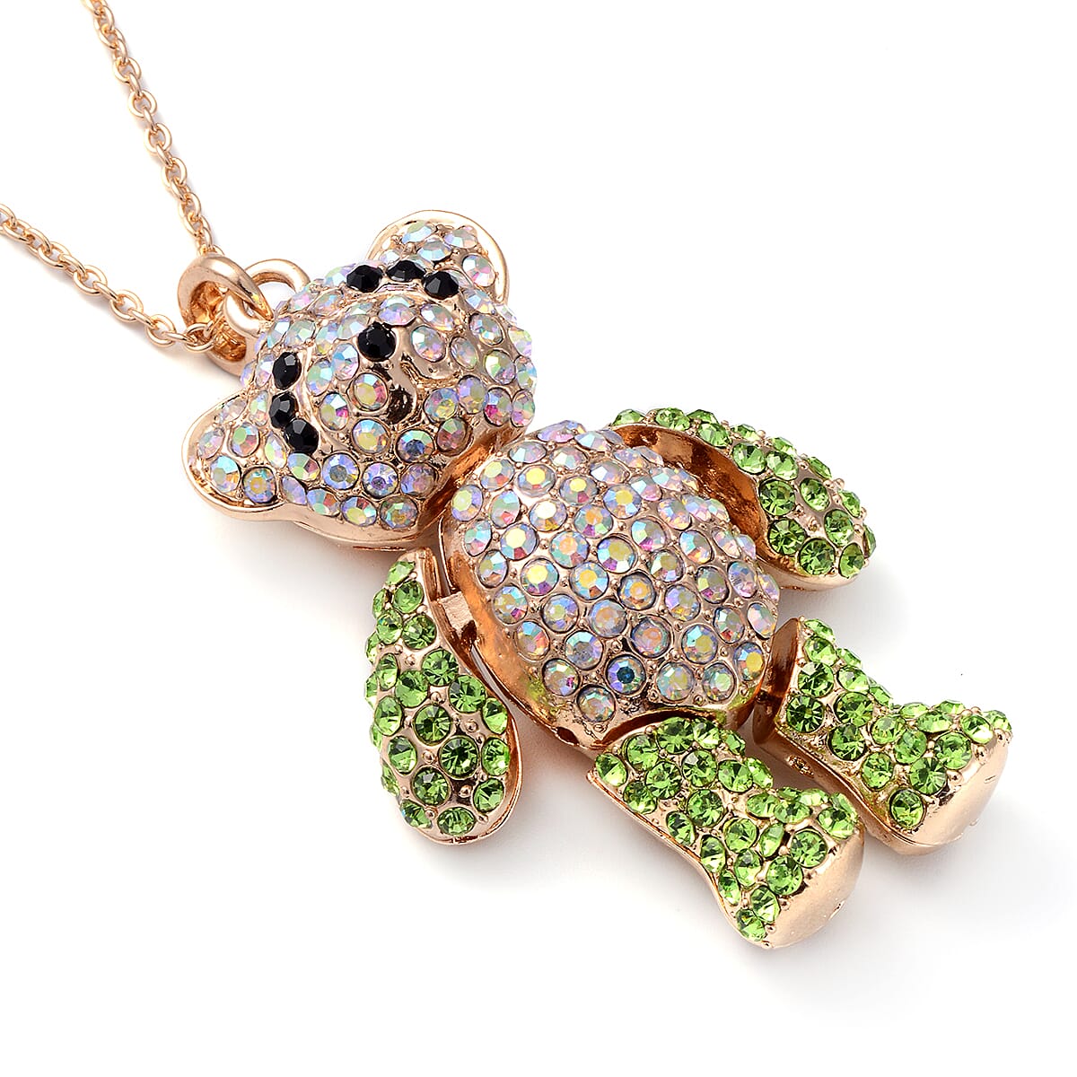 Green, Aurora Borealis and Black Austrian Crystal Teddy Bear Pendant Necklace 24 Inches in Goldtone and ION Plated Yellow Gold Stainless Steel