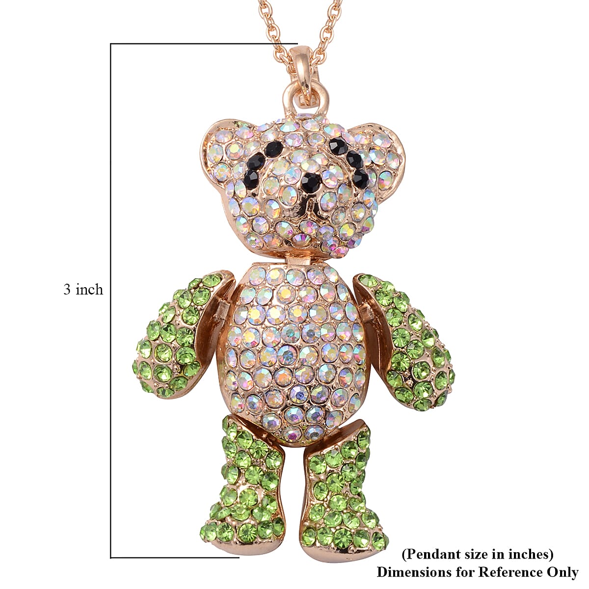Green, Aurora Borealis and Black Austrian Crystal Teddy Bear Pendant Necklace 24 Inches in Goldtone and ION Plated Yellow Gold Stainless Steel