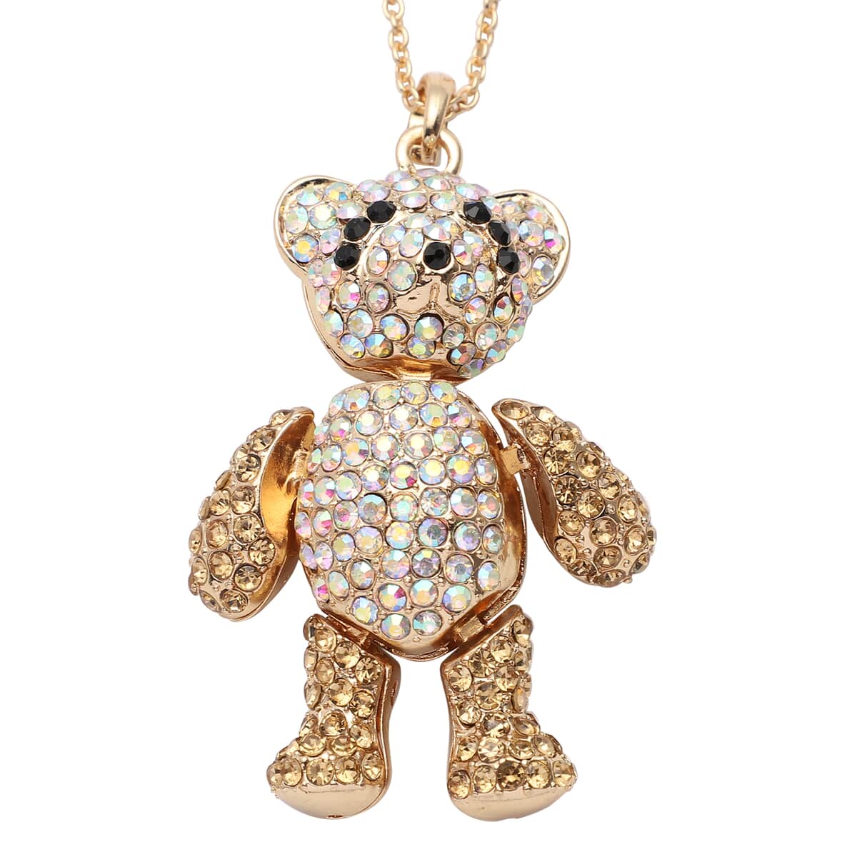Golden, Aurora Borealis and Black Austrian Crystal Teddy Bear Pendant Necklace 24 Inches in Goldtone and ION Plated Yellow Gold Stainless Steel image number 0