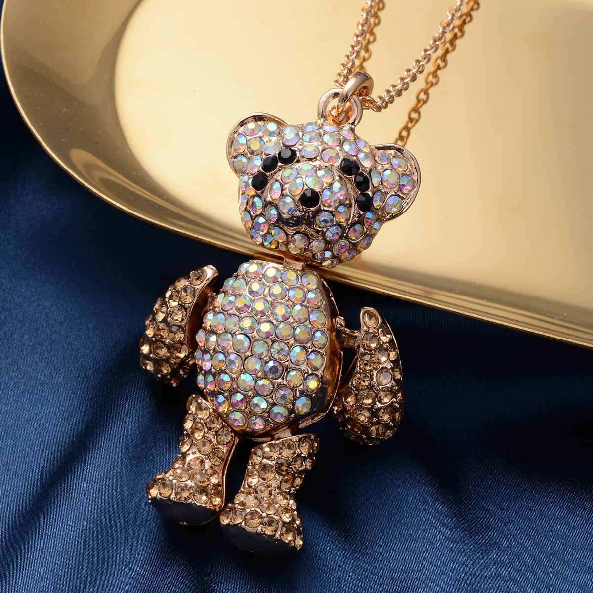 Golden, Aurora Borealis and Black Austrian Crystal Teddy Bear Pendant Necklace 24 Inches in Goldtone and ION Plated Yellow Gold Stainless Steel image number 1