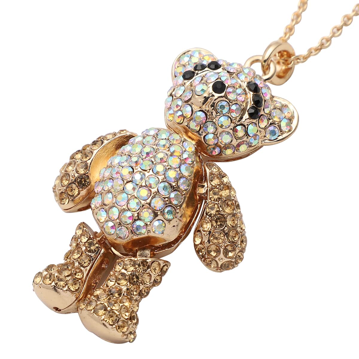 Golden, Aurora Borealis and Black Austrian Crystal Teddy Bear Pendant Necklace 24 Inches in Goldtone and ION Plated Yellow Gold Stainless Steel image number 3