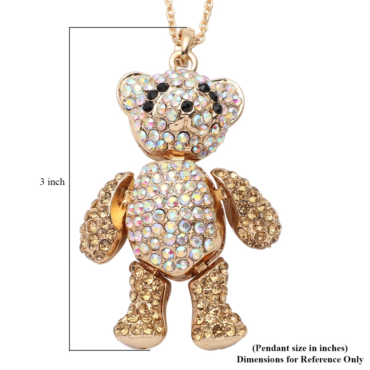 Golden, Aurora Borealis and Black Austrian Crystal Teddy Bear Pendant Necklace 24 Inches in Goldtone and ION Plated Yellow Gold Stainless Steel image number 4