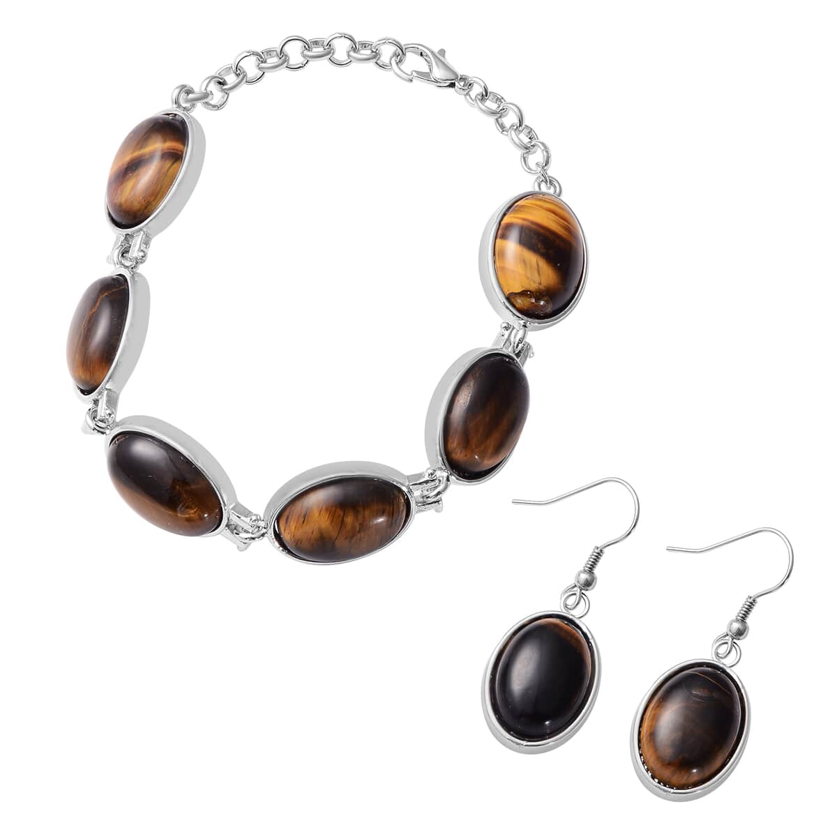 PICK OF THE SHOW South African Yellow Tiger's Eye Station Bracelet (7-8.5In) and Earrings in Silvertone & Stainless Steel 111.50 ctw image number 0