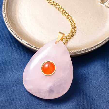 Galilea Rose Quartz and Red Agate Pendant with Necklace 18 inches in ION Plated YG Stainless Steel 122.50 ctw image number 1