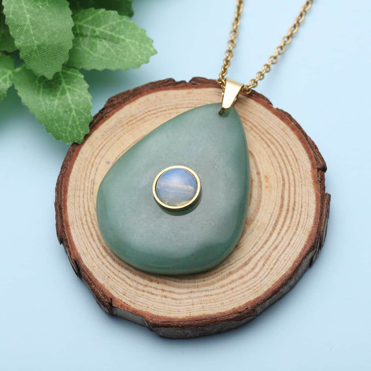 Green Aventurine and Opalite Pendant with Necklace 18 Inches in ION Plated Yellow Gold Stainless Steel 92.50 ctw image number 1