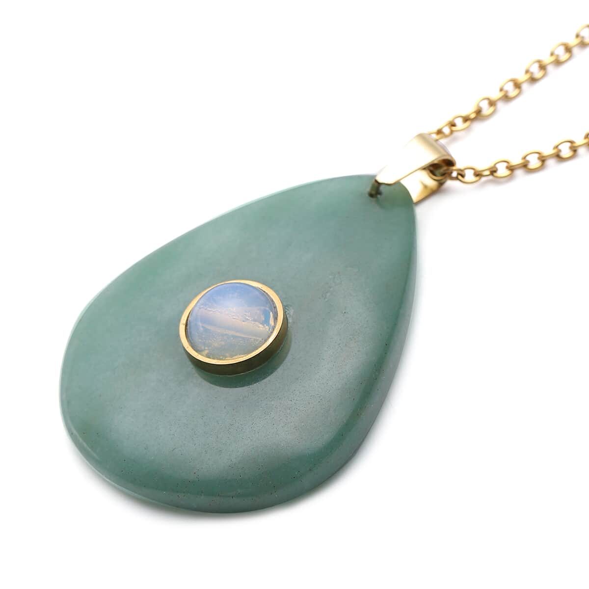 Green Aventurine and Opalite Pendant with Necklace 18 Inches in ION Plated Yellow Gold Stainless Steel 92.50 ctw image number 3