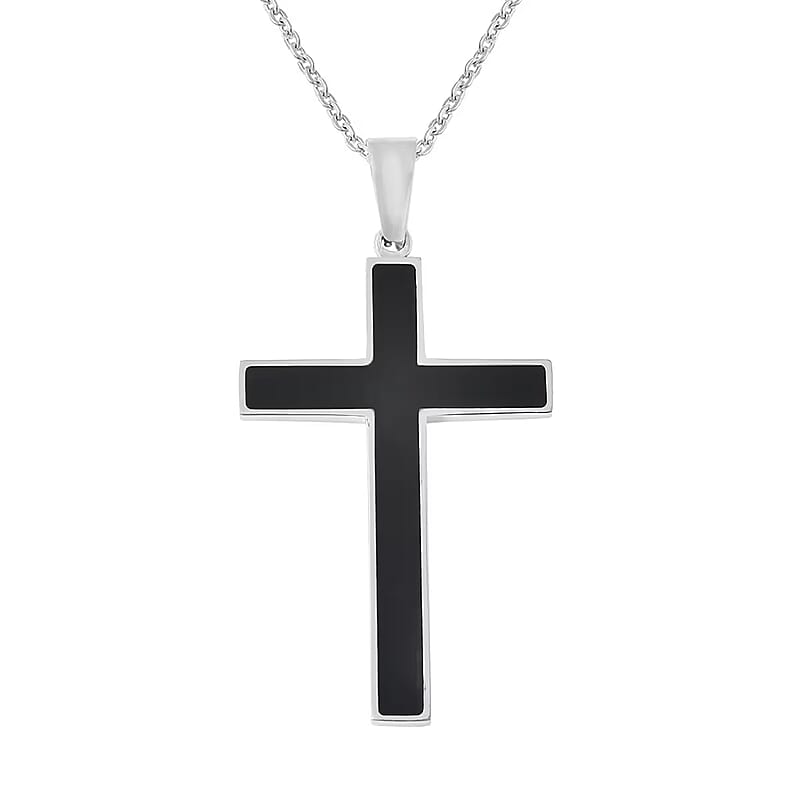 Constituted Shungite 0.20 ctw Inlay Cross Pendant Necklace in Stainless Steel 24 Inches