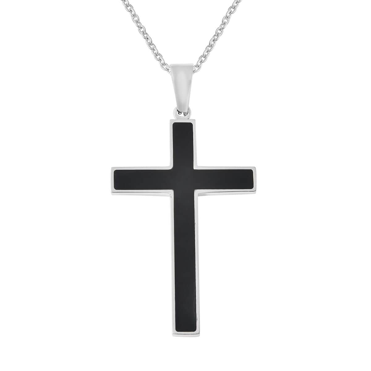 Constituted Shungite Inlay Cross Pendant Necklace 24 Inches in Stainless Steel 0.20 ctw image number 0