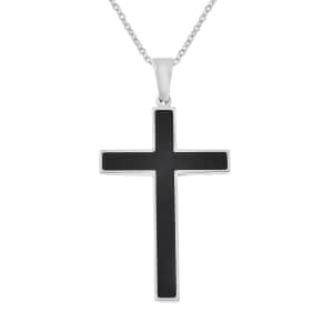 Constituted Shungite Inlay Cross Pendant Necklace 24 Inches in Stainless Steel 0.20 ctw