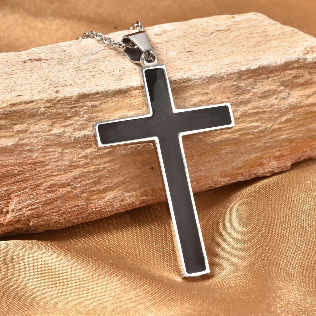 Constituted Shungite Inlay Cross Pendant Necklace 24 Inches in Stainless Steel 0.20 ctw image number 1
