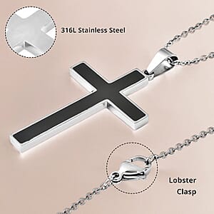 Constituted Shungite 0.20 ctw Inlay Cross Pendant Necklace in Stainless Steel 24 Inches