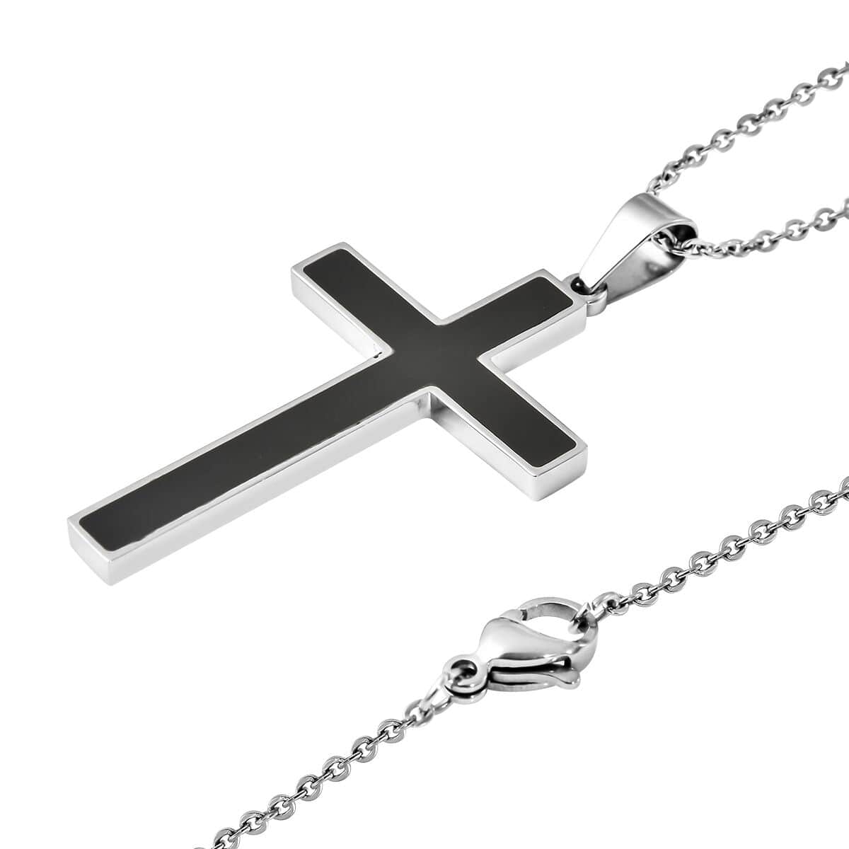Constituted Shungite Inlay Cross Pendant Necklace 24 Inches in Stainless Steel 0.20 ctw image number 3