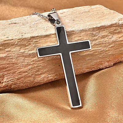 Constituted Shungite 0.20 ctw Inlay Cross Pendant Necklace in Stainless Steel 24 Inches