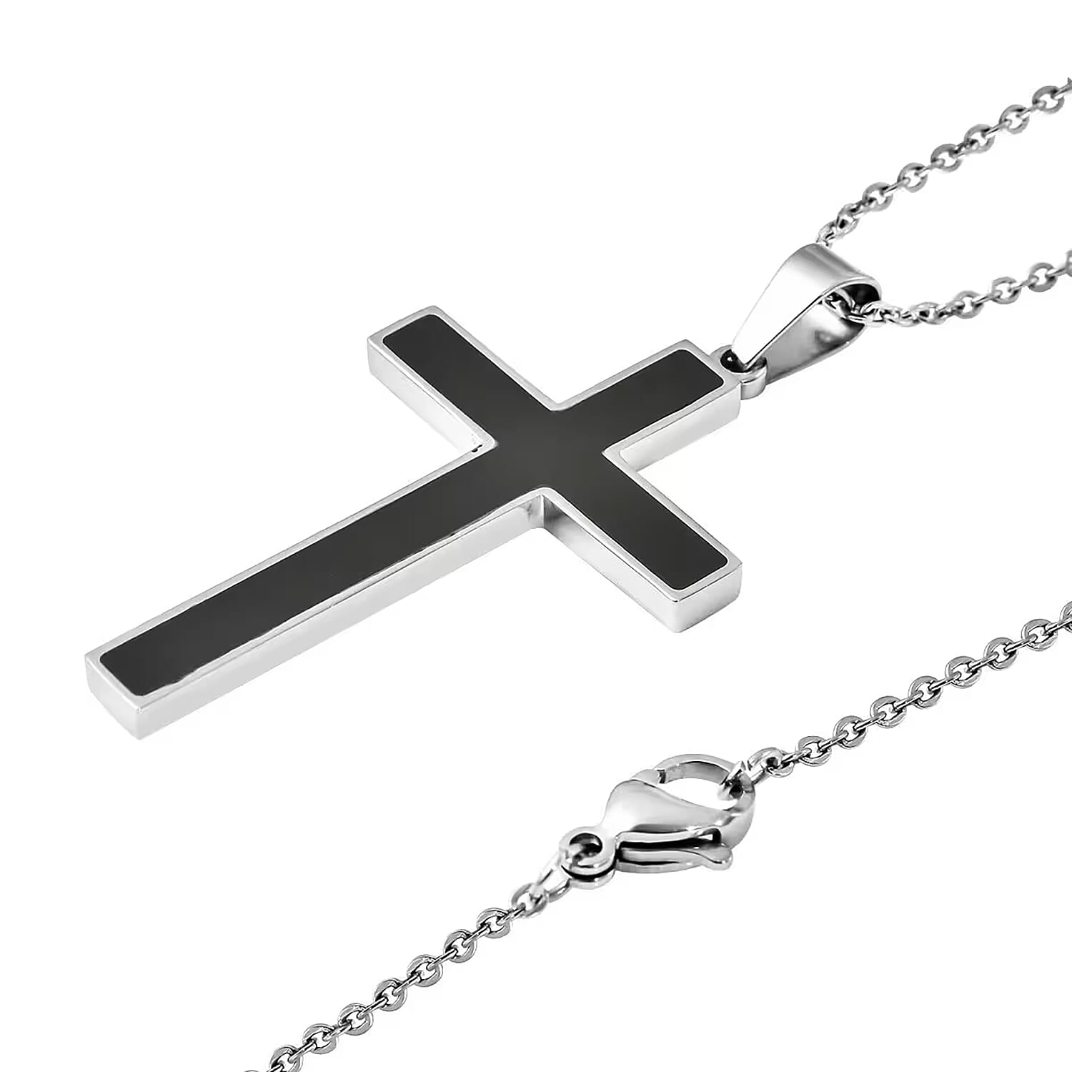 Constituted Shungite 0.20 ctw Inlay Cross Pendant Necklace in Stainless Steel 24 Inches