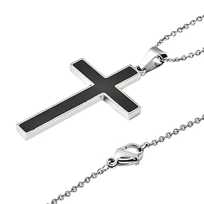 Constituted Shungite 0.20 ctw Inlay Cross Pendant Necklace in Stainless Steel 24 Inches