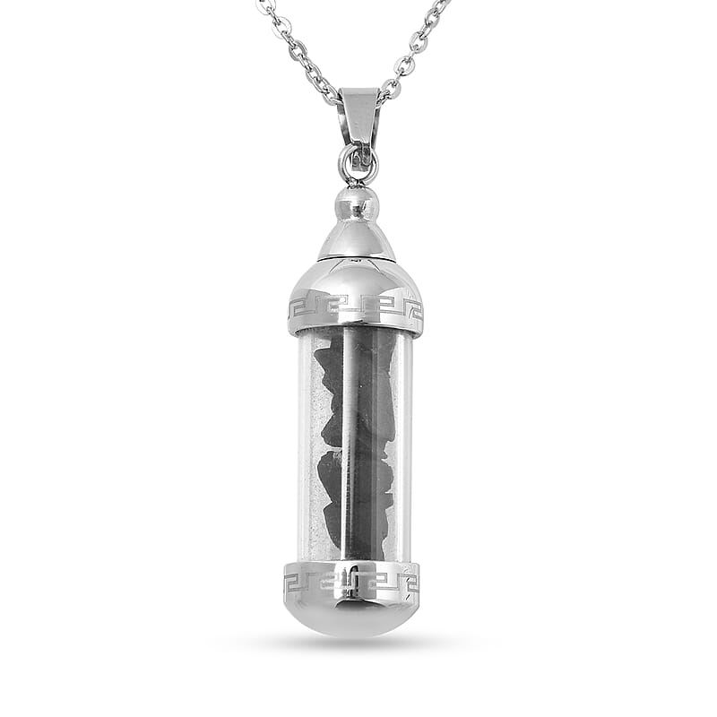Shungite Chips, Grass Bottle Pendant Necklace 20 Inches in Stainless Steel 7.50 ctw