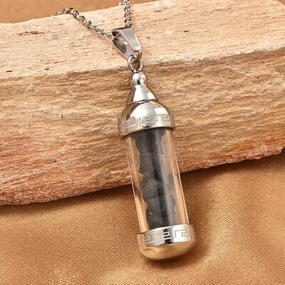 Shungite Chips, Grass Bottle Pendant Necklace 20 Inches in Stainless Steel 7.50 ctw