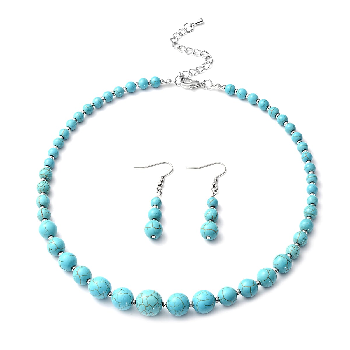 Freshened Blue Howlite Beaded Necklace (18 Inches) and Earrings in Silvertone 178.00 ctw image number 0