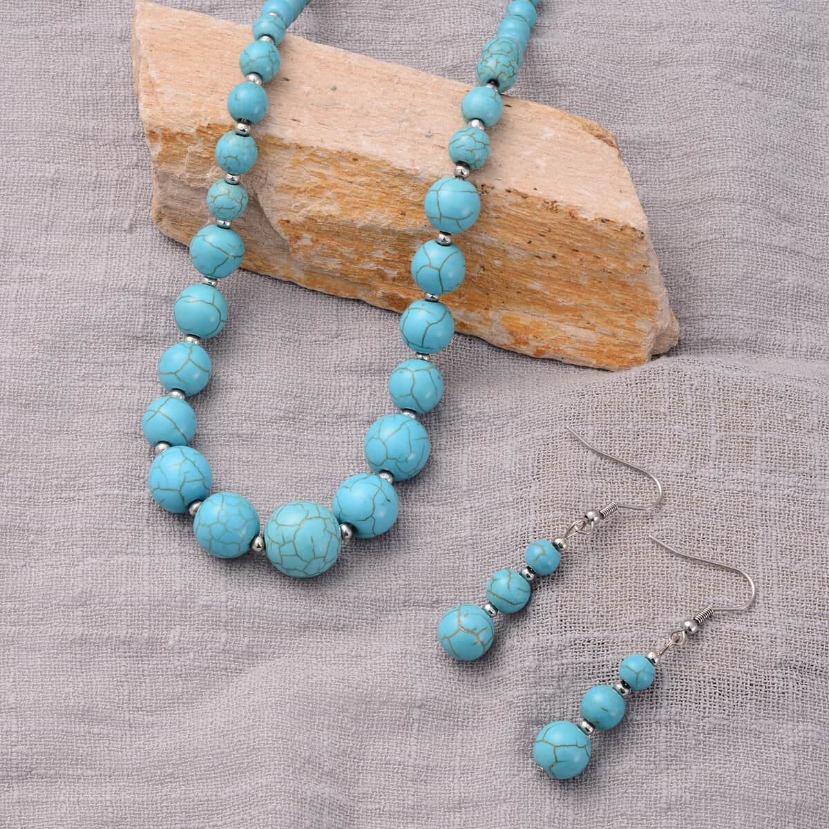 Freshened Blue Howlite Beaded Necklace (18 Inches) and Earrings in Silvertone 178.00 ctw image number 1