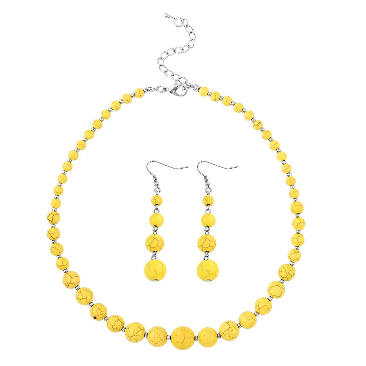 Freshened Yellow Howlite Beaded Necklace 18-22 Inches and Earrings in Silvertone 187.50 ctw image number 0