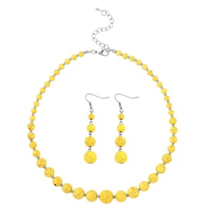 Freshened Yellow Howlite Beaded Necklace 18-22 Inches and Earrings in Silvertone 187.50 ctw