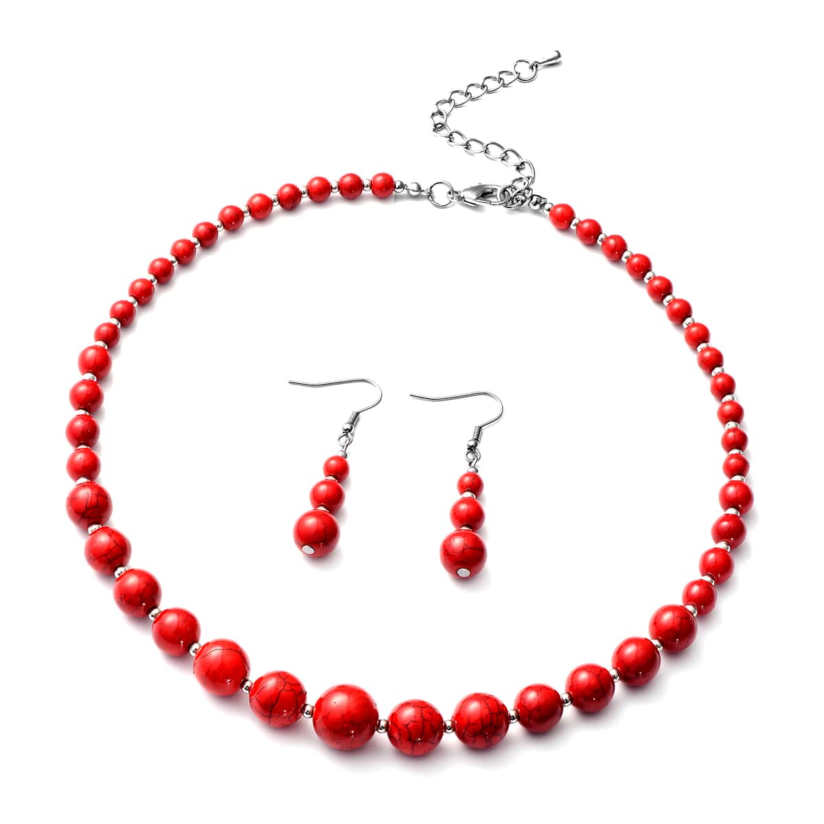 Freshened Red Howlite Beaded Necklace 18 Inches and Earrings in Silvertone 190.00 ctw image number 0