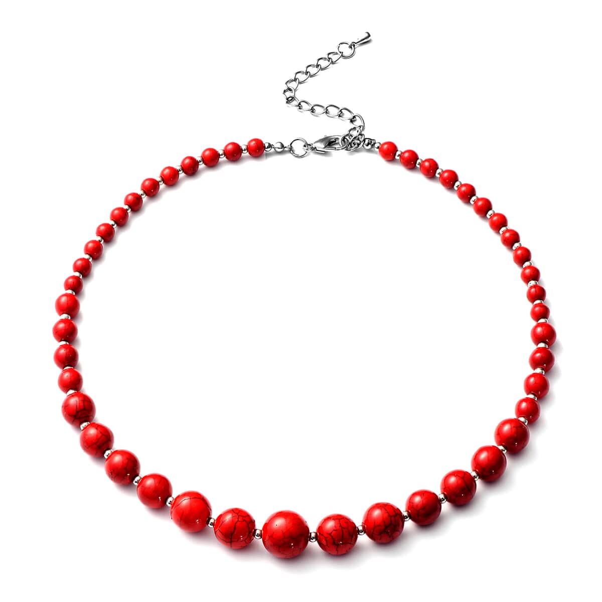 Freshened Red Howlite Beaded Necklace 18 Inches and Earrings in Silvertone 190.00 ctw image number 2