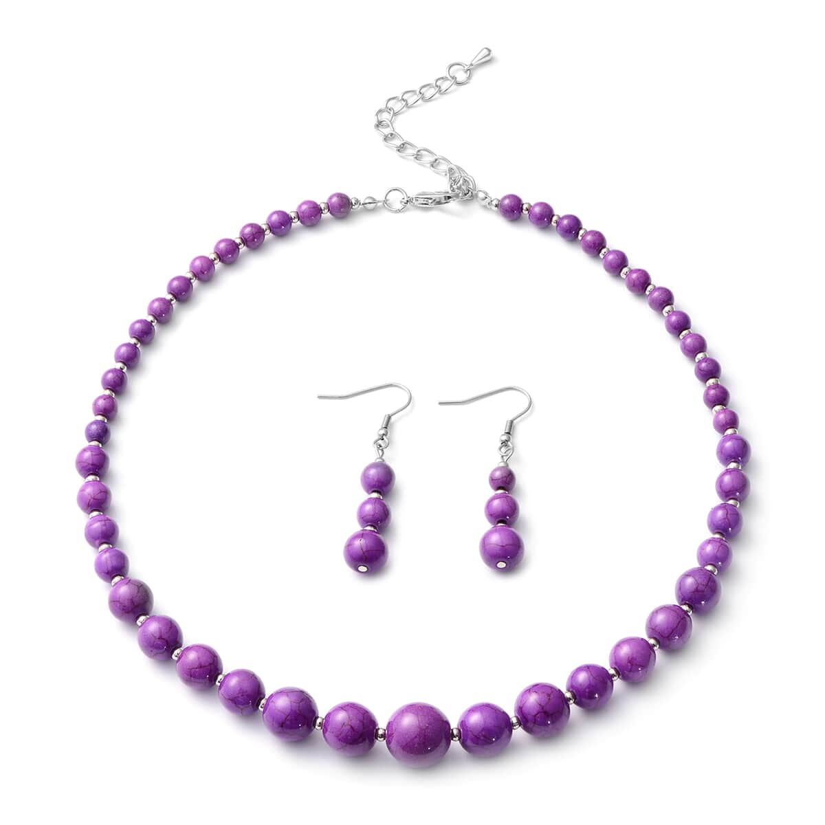 Freshened Purple Howlite 180.00 ctw Beaded Necklace 18 Inches and Earrings in Silvertone image number 0