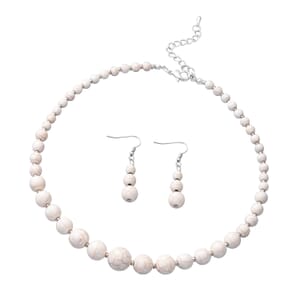 Freshened White Howlite 176.00 ctw Beaded Necklace 18 Inches and Earrings in Stainless Steel