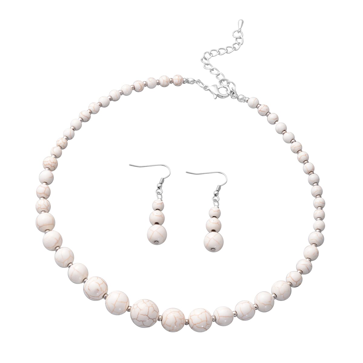 Freshened White Howlite Beaded Necklace 18 Inches and Earrings in Stainless Steel 176.00 ctw image number 0