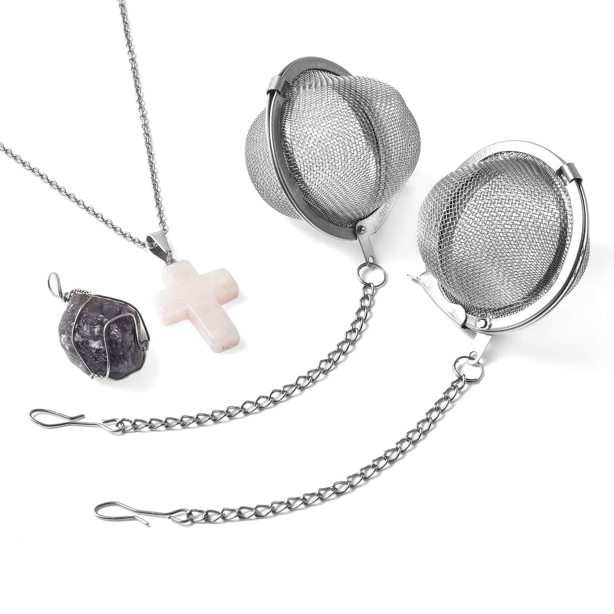 Amethyst and Galilea Rose Quartz Set of 2 Pendant Necklace 20 Inches with Set of 2 Tea Diffuser in Silvertone and Stainless Steel 90.50 ctw image number 0