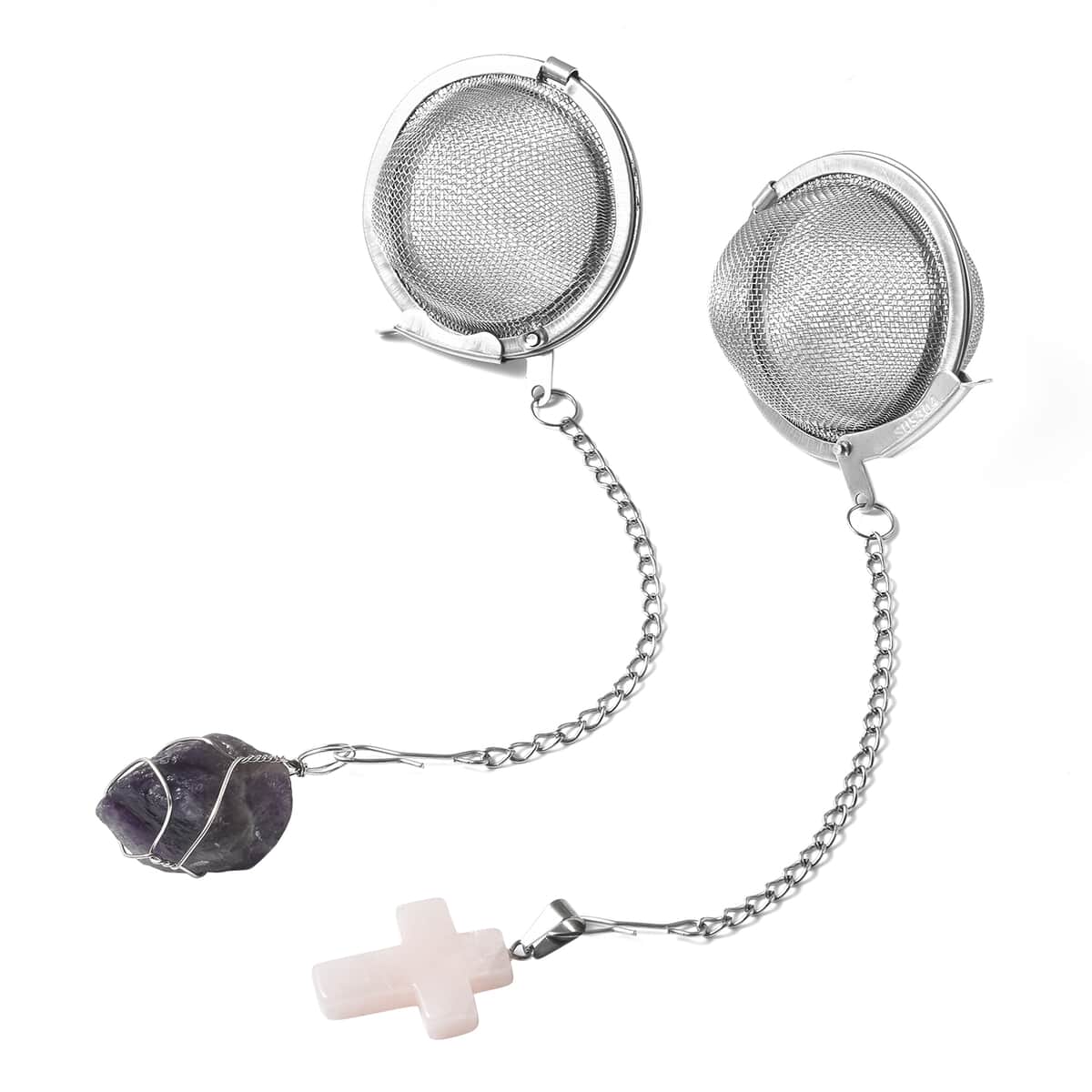 Amethyst and Galilea Rose Quartz Set of 2 Pendant Necklace 20 Inches with Set of 2 Tea Diffuser in Silvertone and Stainless Steel 90.50 ctw image number 2
