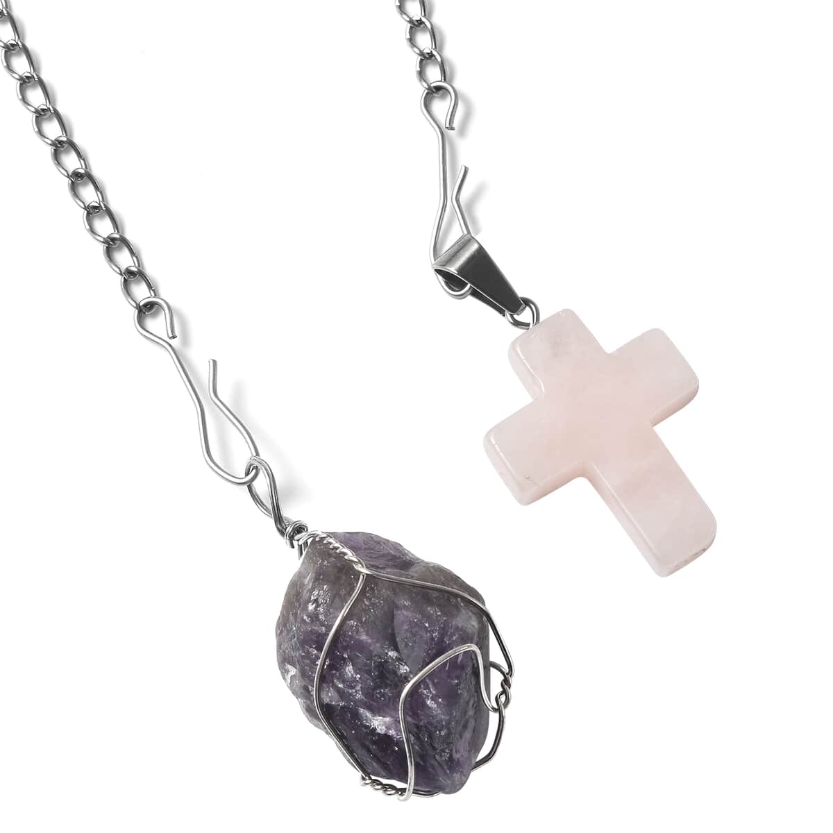 Amethyst and Galilea Rose Quartz Set of 2 Pendant Necklace 20 Inches with Set of 2 Tea Diffuser in Silvertone and Stainless Steel 90.50 ctw image number 3