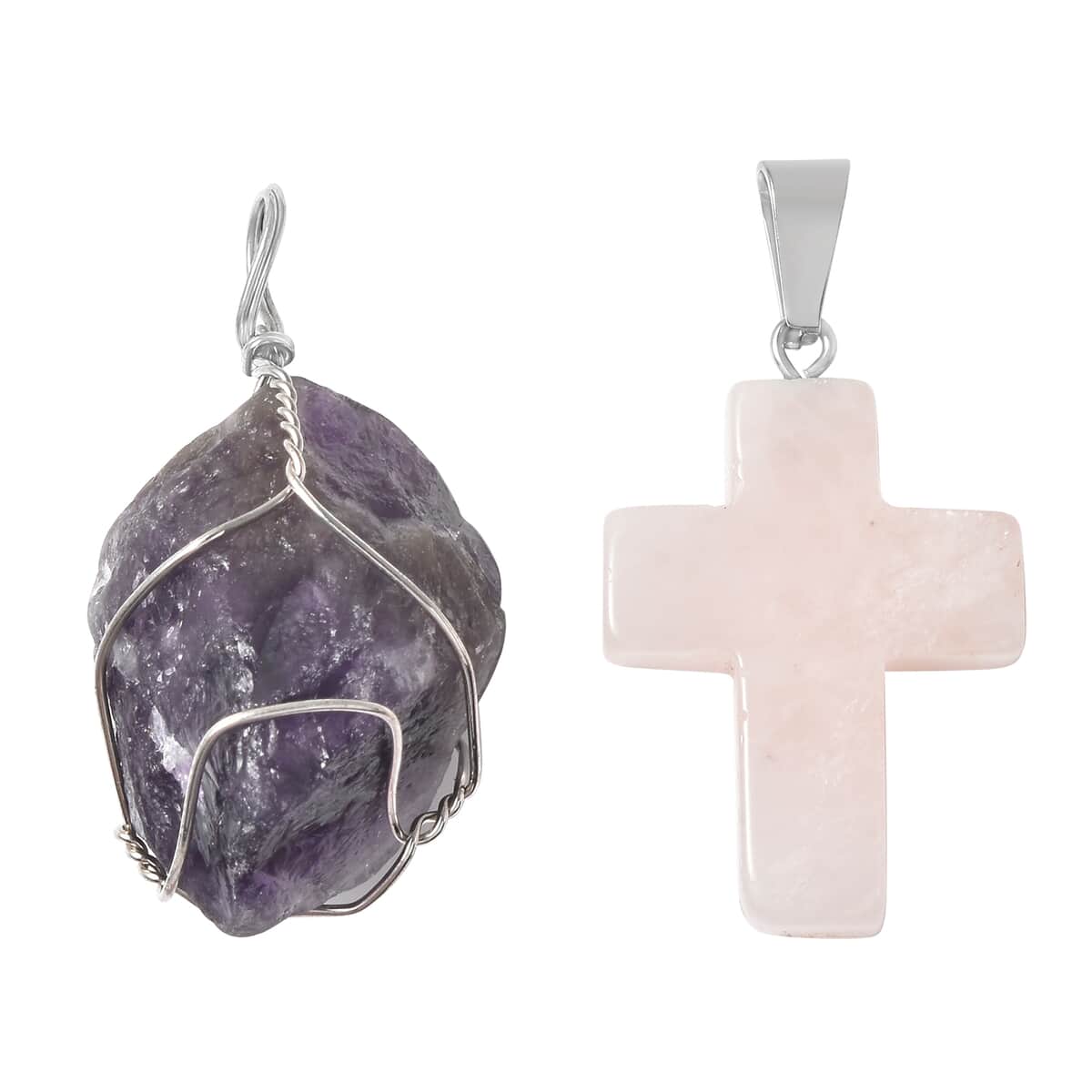 Amethyst and Galilea Rose Quartz Set of 2 Pendant Necklace 20 Inches with Set of 2 Tea Diffuser in Silvertone and Stainless Steel 90.50 ctw image number 4