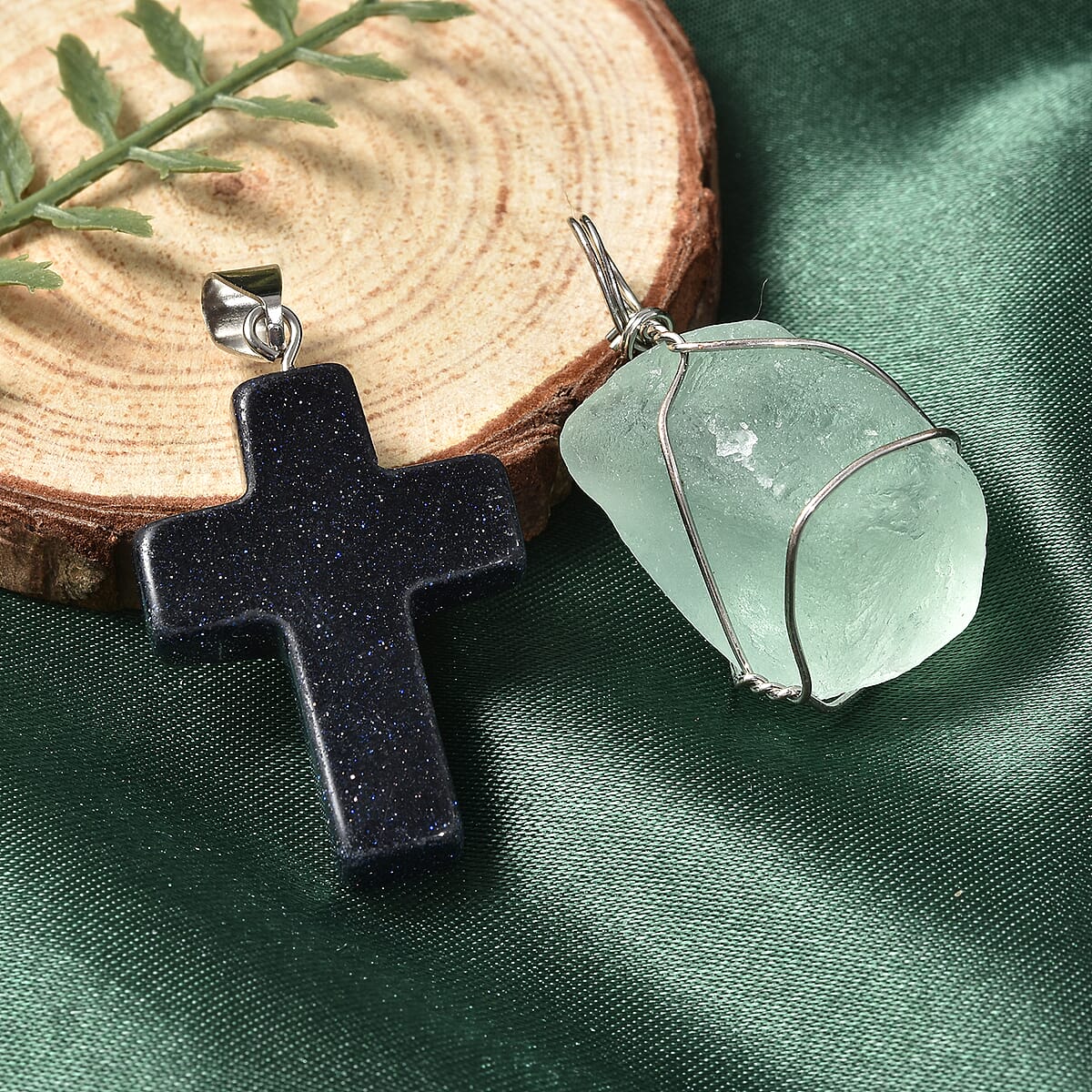 Green Fluorite, Blue Sandstone Set of 2 Cross & Wire Wrapped Pendant in Silvertone and Set of 2 Tea Diffuser with Stainless Steel Necklace 20In 92.00 ctw image number 1