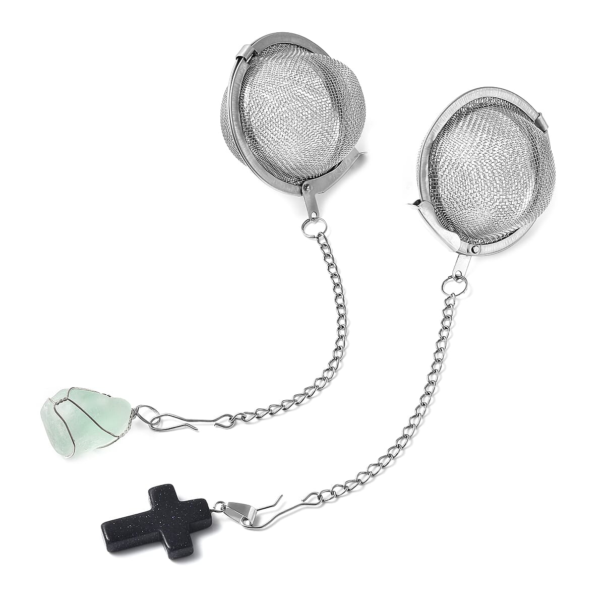 Green Fluorite, Blue Sandstone Set of 2 Cross & Wire Wrapped Pendant in Silvertone and Set of 2 Tea Diffuser with Stainless Steel Necklace 20In 92.00 ctw image number 2