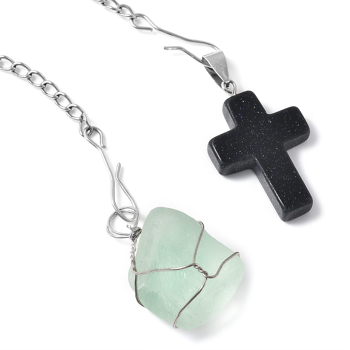 Green Fluorite, Blue Sandstone Set of 2 Cross & Wire Wrapped Pendant in Silvertone and Set of 2 Tea Diffuser with Stainless Steel Necklace 20In 92.00 ctw image number 3