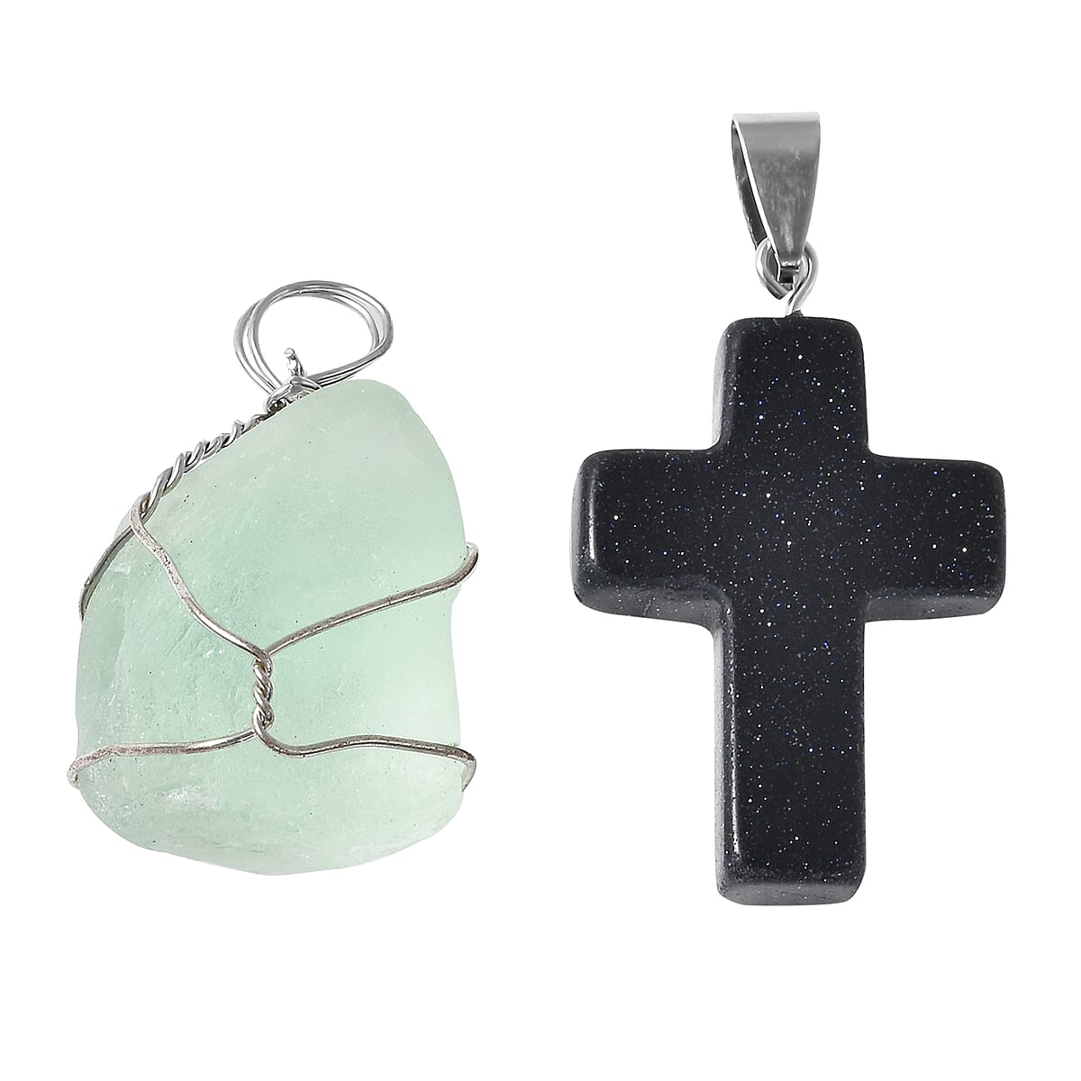 Green Fluorite, Blue Sandstone Set of 2 Cross & Wire Wrapped Pendant in Silvertone and Set of 2 Tea Diffuser with Stainless Steel Necklace 20In 92.00 ctw image number 4