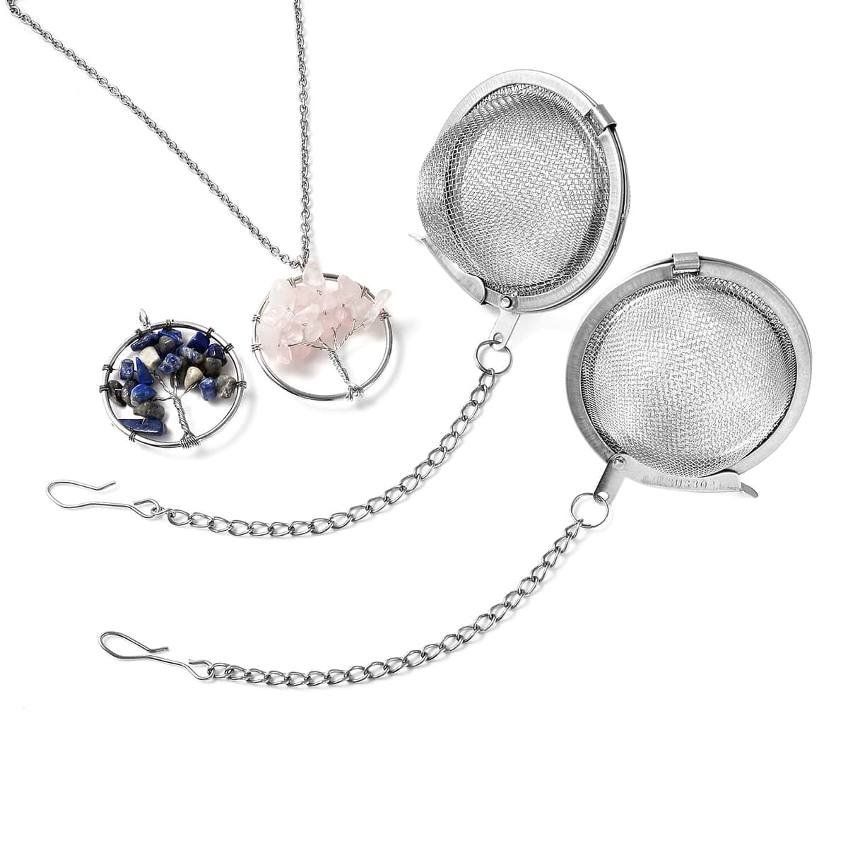 Galilea Rose Quartz and Lapis Lazuli Tree of Life Set of 2 Pendant Necklace 20 Inches with Set of 2 Tea Diffuser in Silvertone and Stainless Steel 37.00 ctw image number 0