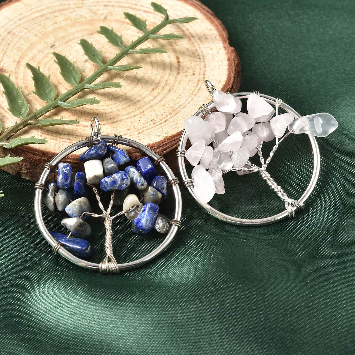 Galilea Rose Quartz and Lapis Lazuli Tree of Life Set of 2 Pendant Necklace 20 Inches with Set of 2 Tea Diffuser in Silvertone and Stainless Steel 37.00 ctw image number 1