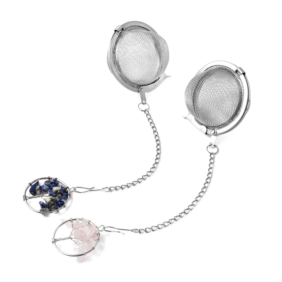 Galilea Rose Quartz and Lapis Lazuli Tree of Life Set of 2 Pendant Necklace 20 Inches with Set of 2 Tea Diffuser in Silvertone and Stainless Steel 37.00 ctw image number 2