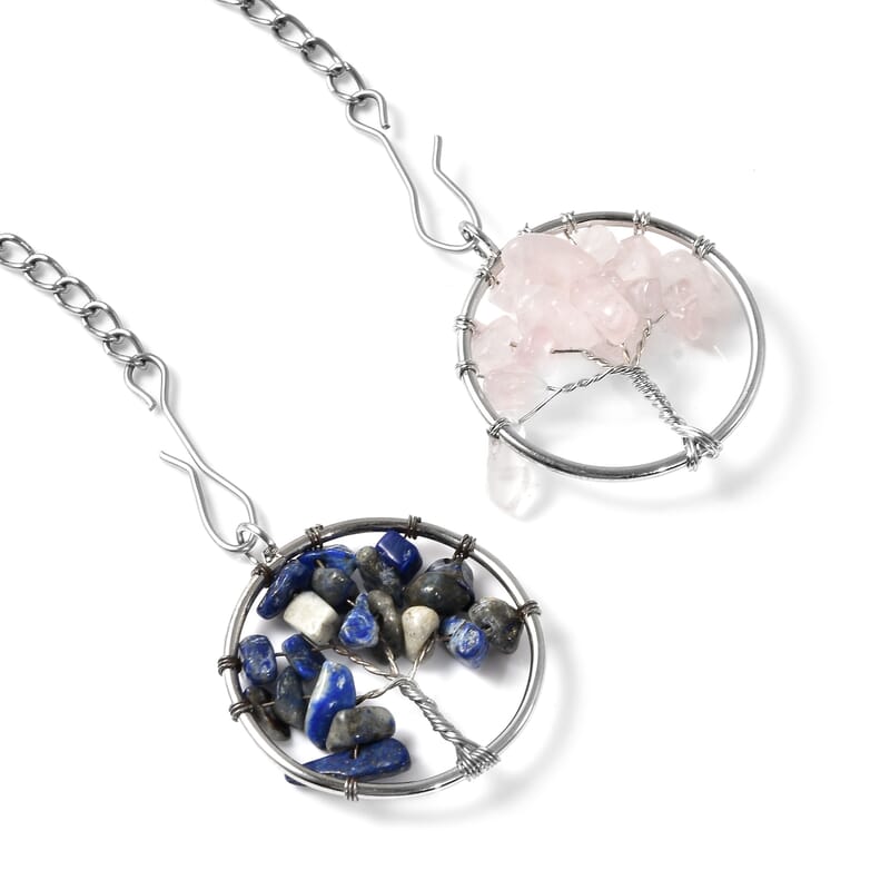Lapis Lazuli and Galilea Rose Quartz Set of 2 Tree of Life Pendant in Silvertone and Set of 2 Tea Diffuser with Stainless Steel Necklace 20In 37.00 ctw