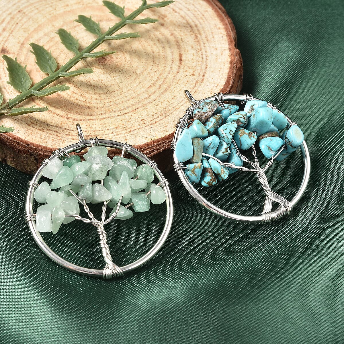 Blue Howlite, Green Aventurine Set of 2 Tree of Life Pendant in Silvertone and Set of 2 Tea Diffuser with Stainless Steel Necklace 20In 34.00 ctw image number 1