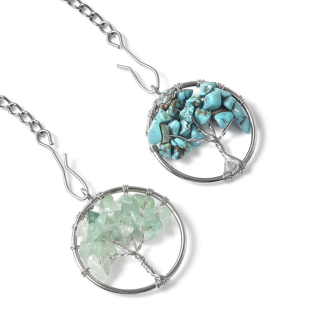 Blue Howlite, Green Aventurine Set of 2 Tree of Life Pendant in Silvertone and Set of 2 Tea Diffuser with Stainless Steel Necklace 20In 34.00 ctw image number 3